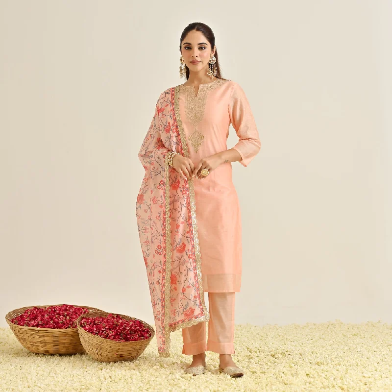 Peach Straight Festive Kurta Set with Printed Dupatta & Yoke Detail