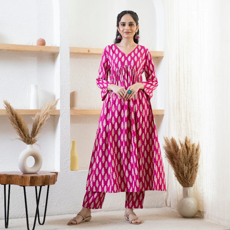 Pink Front Gathered Leaf Print Kurta Pant Co-ord Set