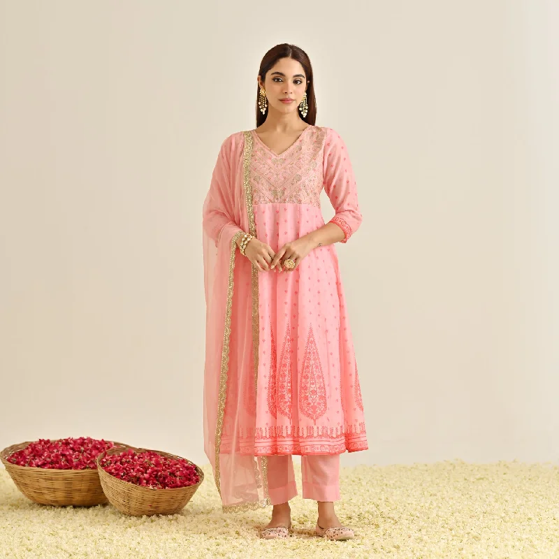 Pink Traditional Anarkali Set with Yoke Embroidery & Dupatta