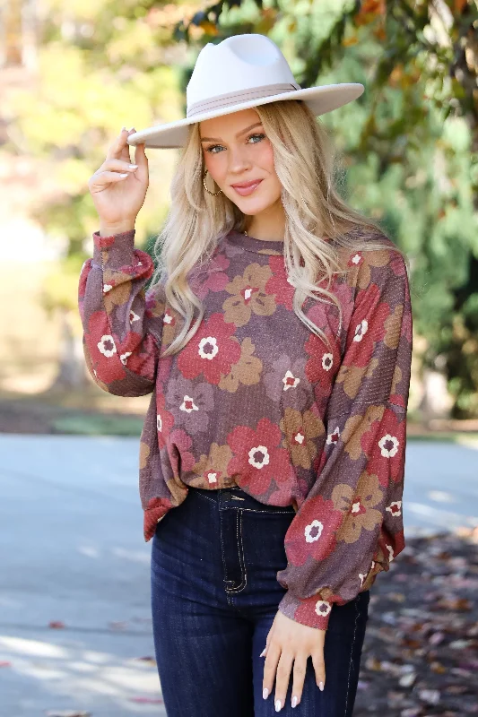 FINAL SALE - Special Sweetness Mocha Floral Waffle Knit Top - DOORBUSTER