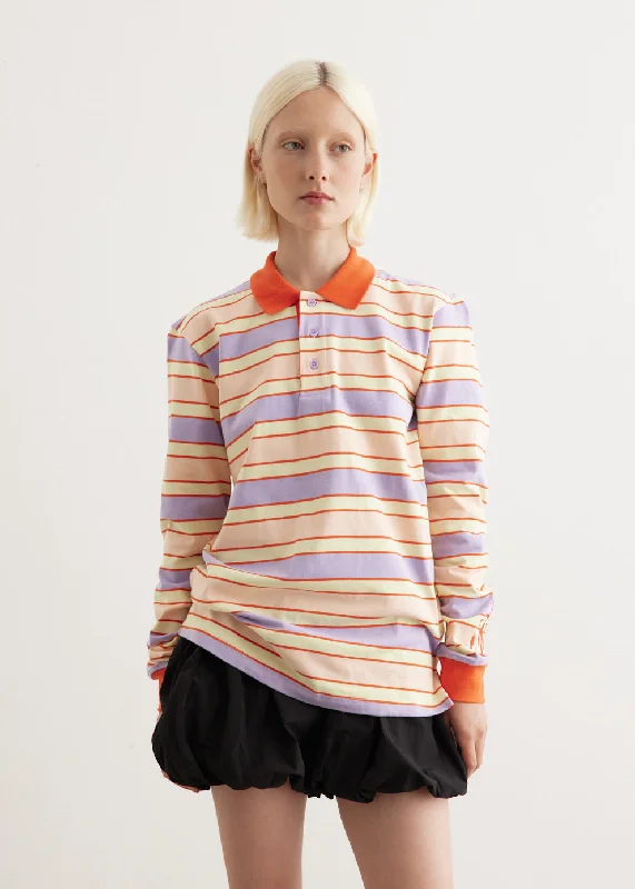 Striped Contrast Trim Long Sleeve Polo Top