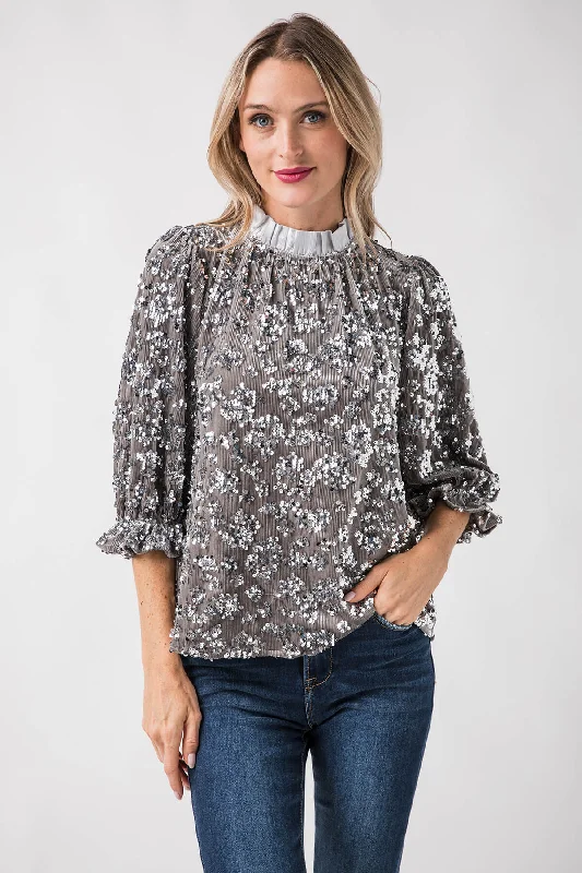 THML Sequin Ruffle Neck Top