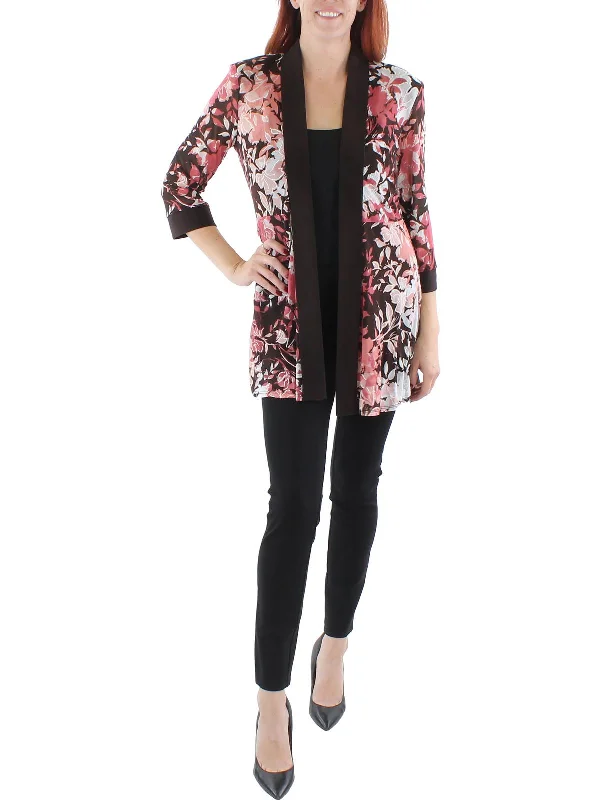 Womens Floral Print Midi Open-Front Blazer